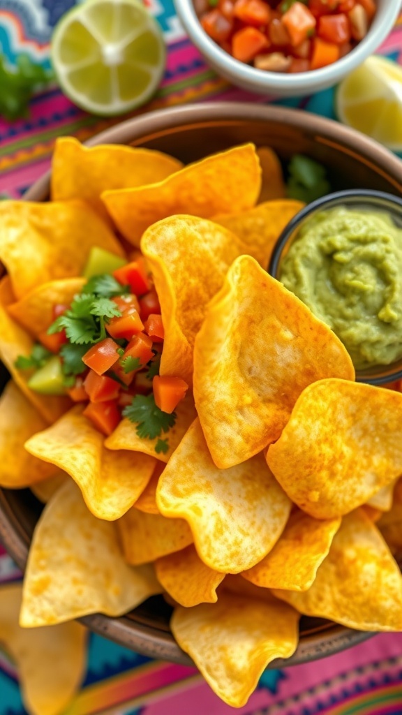 A bowl of golden tortilla chips with salsa and guacamole on a colorful table.